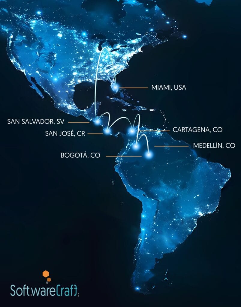 Nearshore technology map showing key locations for IT staff augmentation in Costa Rica, El Salvador, and Colombia, optimized for mobile view.